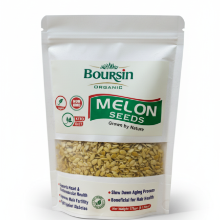 A white pouch of Boursin Organic Melon Seeds for Heart Health (175g). The label highlights benefits like heart support, improving male fertility, and anti-aging.