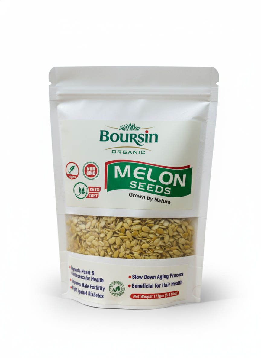 A white pouch of Boursin Organic Melon Seeds for Heart Health (175g). The label highlights benefits like heart support, improving male fertility, and anti-aging.