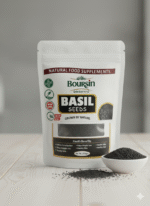 Here are suggestions for the alt text, title, caption, and description for the image of the basil seeds package: 📸 Image Metadata Suggestions Alt Text A white, resealable pouch of Boursin Organic Basil Seeds, labeled as a "Natural Food Supplement." The package highlights "ORGANIC," "BASIL SEEDS," "GROWN BY NATURE," and certifications like "QUALITY FREE," "Vegan," "NON GMO," and "KETO DIET." The front window clearly shows the black, teardrop-shaped seeds. Text at the bottom lists "Health Benefits" including: "Relieves Constipation," "Helps Weight loss," "Healthy Skin," "Healthy Hair," and "Acidity." The net weight is "Net Wt. 200gm."