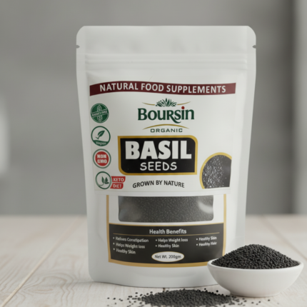 Here are suggestions for the alt text, title, caption, and description for the image of the basil seeds package: 📸 Image Metadata Suggestions Alt Text A white, resealable pouch of Boursin Organic Basil Seeds, labeled as a "Natural Food Supplement." The package highlights "ORGANIC," "BASIL SEEDS," "GROWN BY NATURE," and certifications like "QUALITY FREE," "Vegan," "NON GMO," and "KETO DIET." The front window clearly shows the black, teardrop-shaped seeds. Text at the bottom lists "Health Benefits" including: "Relieves Constipation," "Helps Weight loss," "Healthy Skin," "Healthy Hair," and "Acidity." The net weight is "Net Wt. 200gm."