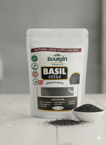 Here are suggestions for the alt text, title, caption, and description for the image of the basil seeds package: 📸 Image Metadata Suggestions Alt Text A white, resealable pouch of Boursin Organic Basil Seeds, labeled as a "Natural Food Supplement." The package highlights "ORGANIC," "BASIL SEEDS," "GROWN BY NATURE," and certifications like "QUALITY FREE," "Vegan," "NON GMO," and "KETO DIET." The front window clearly shows the black, teardrop-shaped seeds. Text at the bottom lists "Health Benefits" including: "Relieves Constipation," "Helps Weight loss," "Healthy Skin," "Healthy Hair," and "Acidity." The net weight is "Net Wt. 200gm."