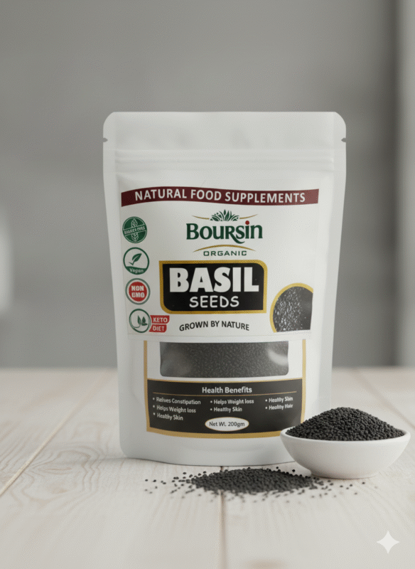 Here are suggestions for the alt text, title, caption, and description for the image of the basil seeds package: 📸 Image Metadata Suggestions Alt Text A white, resealable pouch of Boursin Organic Basil Seeds, labeled as a "Natural Food Supplement." The package highlights "ORGANIC," "BASIL SEEDS," "GROWN BY NATURE," and certifications like "QUALITY FREE," "Vegan," "NON GMO," and "KETO DIET." The front window clearly shows the black, teardrop-shaped seeds. Text at the bottom lists "Health Benefits" including: "Relieves Constipation," "Helps Weight loss," "Healthy Skin," "Healthy Hair," and "Acidity." The net weight is "Net Wt. 200gm."