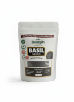 A white, resealable pouch of Boursin Organic Basil Seeds, labeled as a "Natural Food Supplement." The package highlights "ORGANIC," "BASIL SEEDS," "GROWN BY NATURE," and certifications like "QUALITY FREE," "Vegan," "NON GMO," and "KETO DIET." The front window clearly shows the black, teardrop-shaped seeds. Text at the bottom lists "Health Benefits" including: "Relieves Constipation," "Helps Weight loss," "Healthy Skin," "Healthy Hair," and "Acidity." The net weight is "Net Wt. 200gm."
