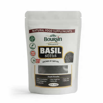 A white, resealable pouch of Boursin Organic Basil Seeds, labeled as a "Natural Food Supplement." The package highlights "ORGANIC," "BASIL SEEDS," "GROWN BY NATURE," and certifications like "QUALITY FREE," "Vegan," "NON GMO," and "KETO DIET." The front window clearly shows the black, teardrop-shaped seeds. Text at the bottom lists "Health Benefits" including: "Relieves Constipation," "Helps Weight loss," "Healthy Skin," "Healthy Hair," and "Acidity." The net weight is "Net Wt. 200gm."