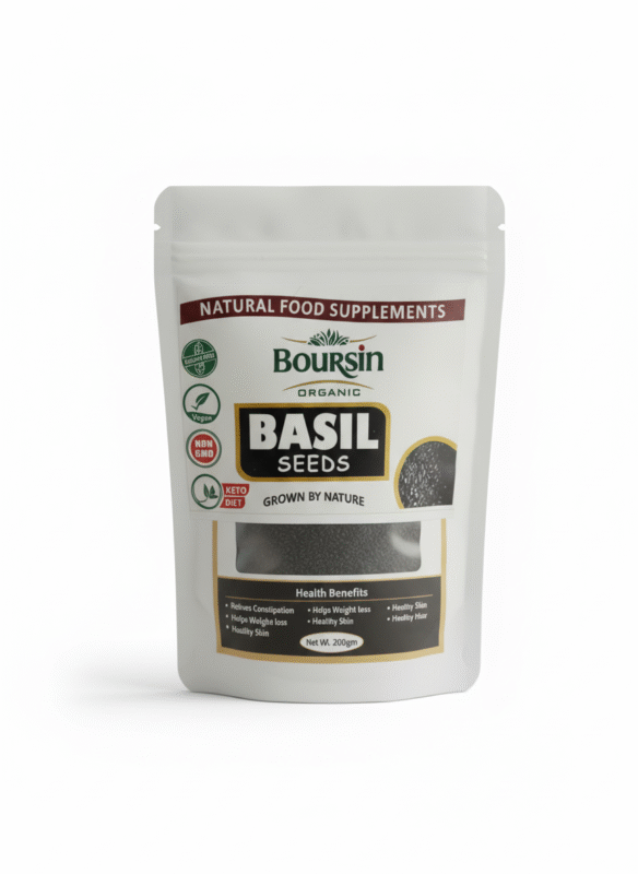 A white, resealable pouch of Boursin Organic Basil Seeds, labeled as a "Natural Food Supplement." The package highlights "ORGANIC," "BASIL SEEDS," "GROWN BY NATURE," and certifications like "QUALITY FREE," "Vegan," "NON GMO," and "KETO DIET." The front window clearly shows the black, teardrop-shaped seeds. Text at the bottom lists "Health Benefits" including: "Relieves Constipation," "Helps Weight loss," "Healthy Skin," "Healthy Hair," and "Acidity." The net weight is "Net Wt. 200gm."