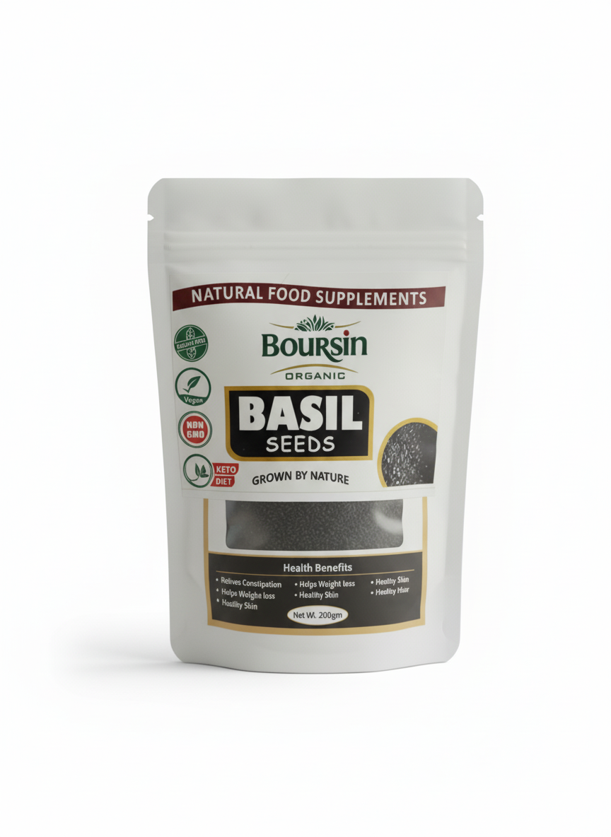 A white, resealable pouch of Boursin Organic Basil Seeds, labeled as a "Natural Food Supplement." The package highlights "ORGANIC," "BASIL SEEDS," "GROWN BY NATURE," and certifications like "QUALITY FREE," "Vegan," "NON GMO," and "KETO DIET." The front window clearly shows the black, teardrop-shaped seeds. Text at the bottom lists "Health Benefits" including: "Relieves Constipation," "Helps Weight loss," "Healthy Skin," "Healthy Hair," and "Acidity." The net weight is "Net Wt. 200gm."