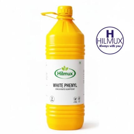 A large, bright yellow bottle of Hilmux White Phenyl Concentrated Disinfectant, 3 Litres, with a white label featuring the green Hilmux logo.