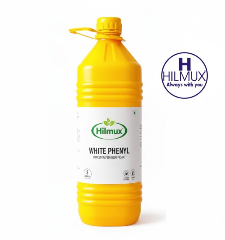 A large, bright yellow bottle of Hilmux White Phenyl Concentrated Disinfectant, 3 Litres, with a white label featuring the green Hilmux logo.