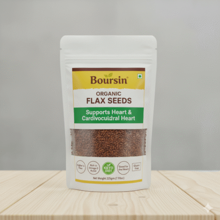 A white, resealable pouch of Boursin Organic Flax Seeds. The label is yellow and brown, highlighting "ORGANIC FLAX SEEDS" and a banner that reads "Supports Heart & Cardiovascular Heart." The transparent section shows the dark brown flax seeds. Key benefits and certifications listed at the bottom include: "Higher in Fiber," "Rich in Omega-3 Fatty Acid," "KETO DIET," "Good for the Heart," and "Gluten Free." The net weight is "Net Weight 225gm (7.93oz)."