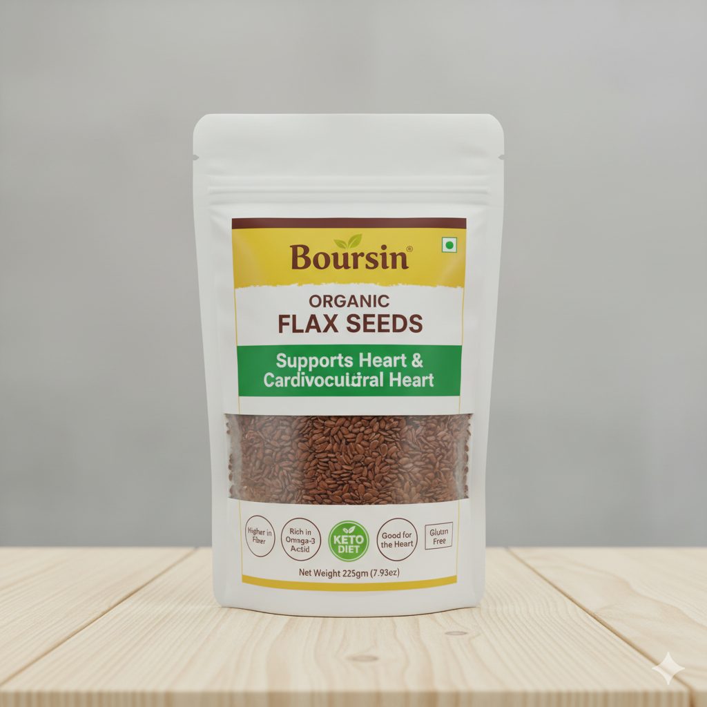 A white, resealable pouch of Boursin Organic Flax Seeds. The label is yellow and brown, highlighting "ORGANIC FLAX SEEDS" and a banner that reads "Supports Heart & Cardiovascular Heart." The transparent section shows the dark brown flax seeds. Key benefits and certifications listed at the bottom include: "Higher in Fiber," "Rich in Omega-3 Fatty Acid," "KETO DIET," "Good for the Heart," and "Gluten Free." The net weight is "Net Weight 225gm (7.93oz)."