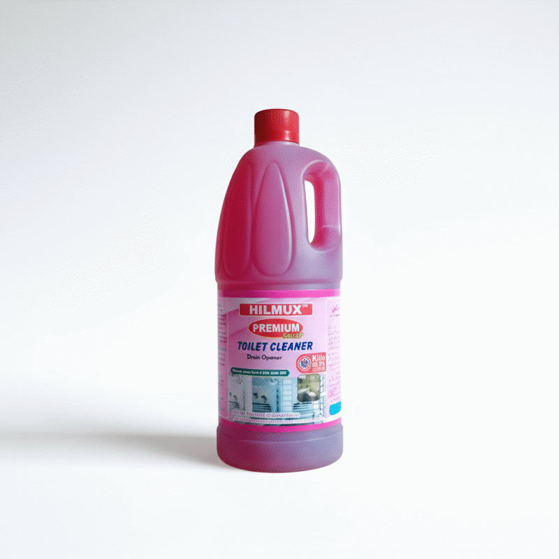 A large, pink bottle of HILMUX Premium Power-Gel Toilet Cleaner and Drain Opener on a white background.