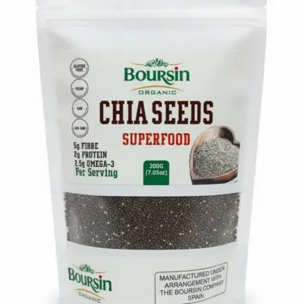 Boursin Organic Chia Seeds Superfood 200g pouch, certified Gluten-Free, Vegan, Raw, and Non-GMO, highlighting 5g Fibre, 2g Protein, and 2.5g Omega-3 per serving.