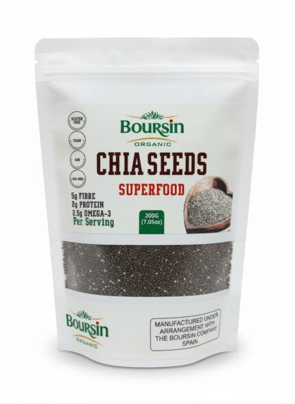 Boursin Organic Chia Seeds Superfood 200g pouch, certified Gluten-Free, Vegan, Raw, and Non-GMO, highlighting 5g Fibre, 2g Protein, and 2.5g Omega-3 per serving.