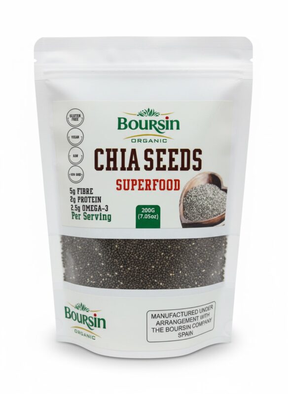 Boursin Organic Chia Seeds Superfood 200g pouch, certified Gluten-Free, Vegan, Raw, and Non-GMO, highlighting 5g Fibre, 2g Protein, and 2.5g Omega-3 per serving.