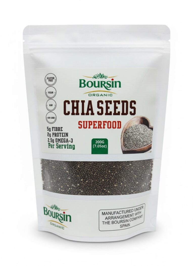 Boursin Organic Chia Seeds Superfood 200g pouch, certified Gluten-Free, Vegan, Raw, and Non-GMO, highlighting 5g Fibre, 2g Protein, and 2.5g Omega-3 per serving.