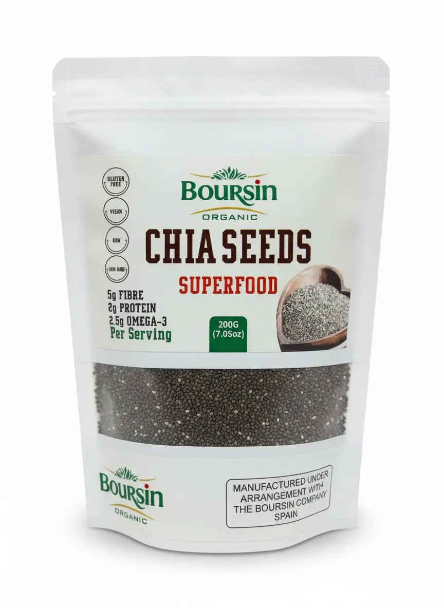 Boursin-Organic-Chia-Seeds-Superfood Boursin Organic Chia Seeds Superfood 200g pouch, certified Gluten-Free, Vegan, Raw, and Non-GMO, highlighting 5g Fibre, 2g Protein, and 2.5g Omega-3 per serving.