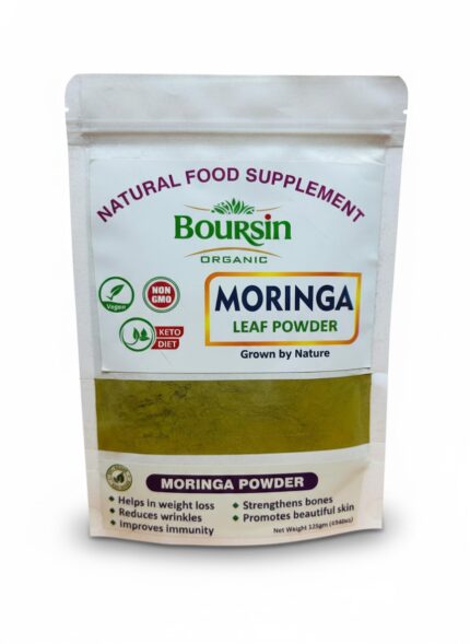 Boursin Organic Moringa Leaf Powder in a 125gm pouch, certified Vegan, Non-GMO, and Keto, promoting weight loss, immunity, and skin health.