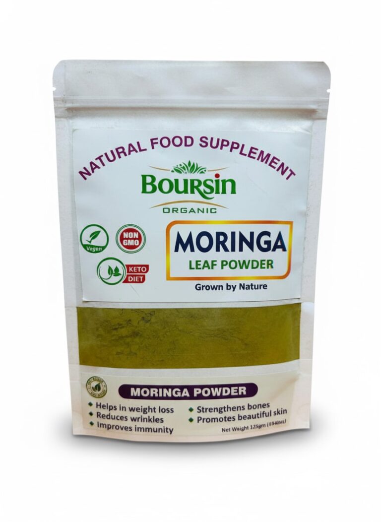 Boursin Organic Moringa Leaf Powder in a 125gm pouch, certified Vegan, Non-GMO, and Keto, promoting weight loss, immunity, and skin health.