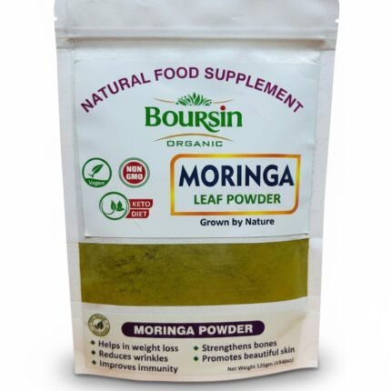 Boursin Organic Moringa Leaf Powder in a 125gm pouch, certified Vegan, Non-GMO, and Keto, promoting weight loss, immunity, and skin health.