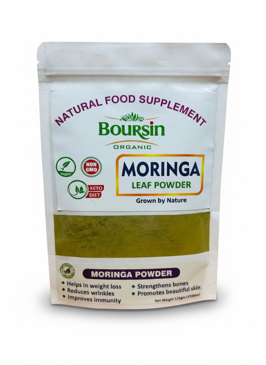Boursin Organic Moringa Leaf Powder in a 125gm pouch, certified Vegan, Non-GMO, and Keto, promoting weight loss, immunity, and skin health.